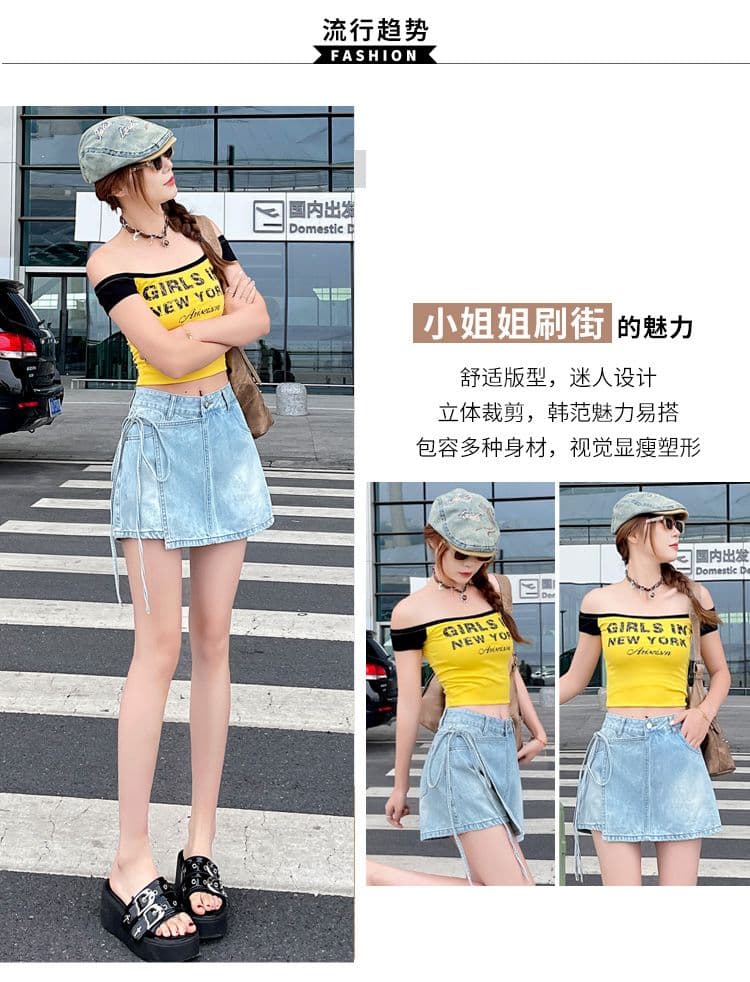 개성 ins 트렌디 페이크 레이어드 한 마디 데님 짧은 치마바지 여성 봄 여름 새로운 작은 대중 레이스업 하이웨이스트 데님 치마바지 상세 이미지 3