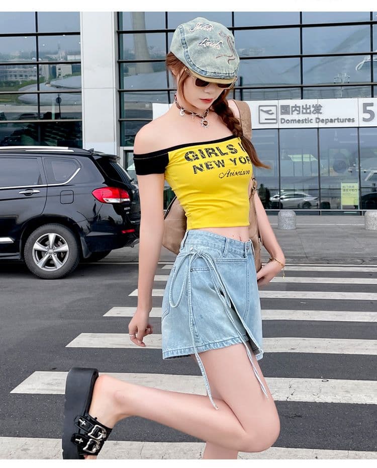 개성 ins 트렌디 페이크 레이어드 한 마디 데님 짧은 치마바지 여성 봄 여름 새로운 작은 대중 레이스업 하이웨이스트 데님 치마바지 상세 이미지 10