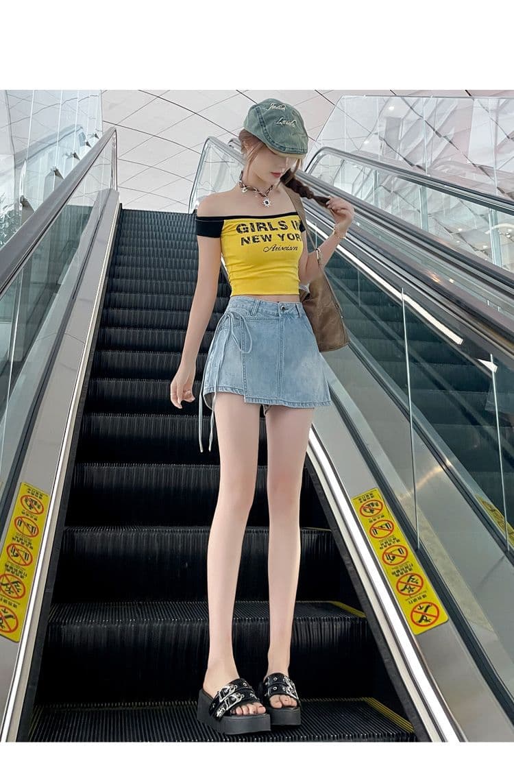 개성 ins 트렌디 페이크 레이어드 한 마디 데님 짧은 치마바지 여성 봄 여름 새로운 작은 대중 레이스업 하이웨이스트 데님 치마바지 상세 이미지 14