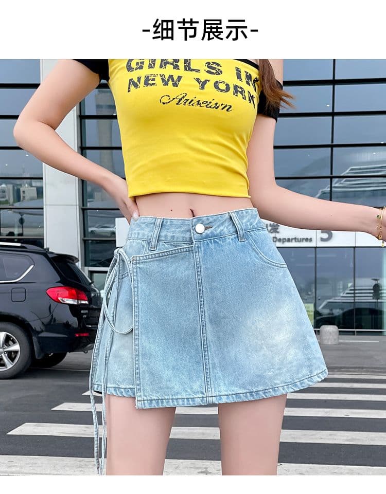개성 ins 트렌디 페이크 레이어드 한 마디 데님 짧은 치마바지 여성 봄 여름 새로운 작은 대중 레이스업 하이웨이스트 데님 치마바지 상세 이미지 16