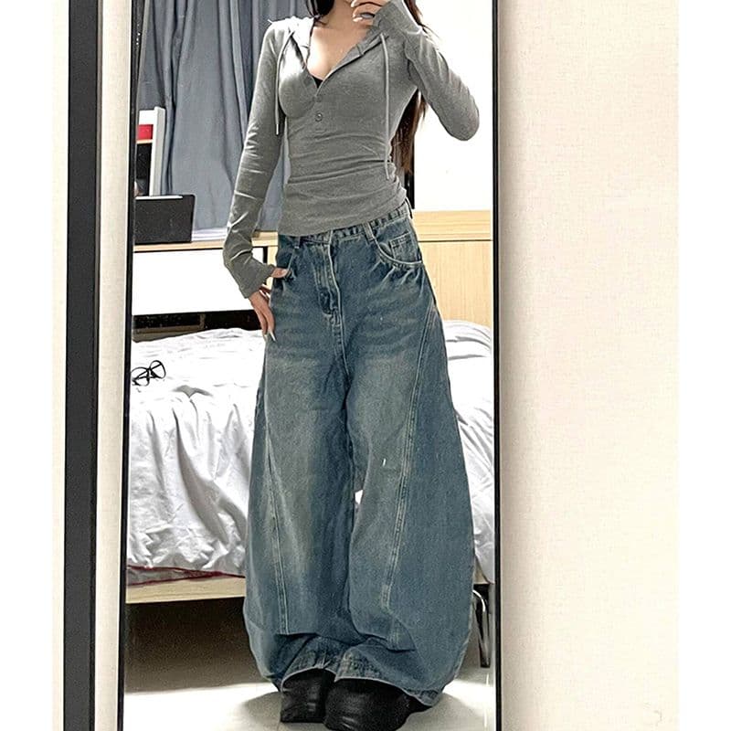 출퇴근 아메리칸 넓은 다리 청바지 여성 봄 가을 새로운 하이웨이스트 루즈핏 패션 도루 센스 바닥 청소 청바지 트렌디