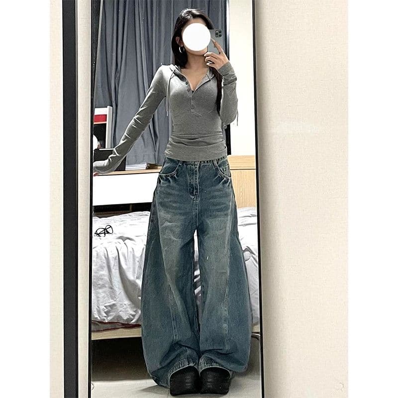 출퇴근 아메리칸 넓은 다리 청바지 여성 봄 가을 새로운 하이웨이스트 루즈핏 패션 도루 센스 바닥 청소 청바지 트렌디 상세 이미지 2