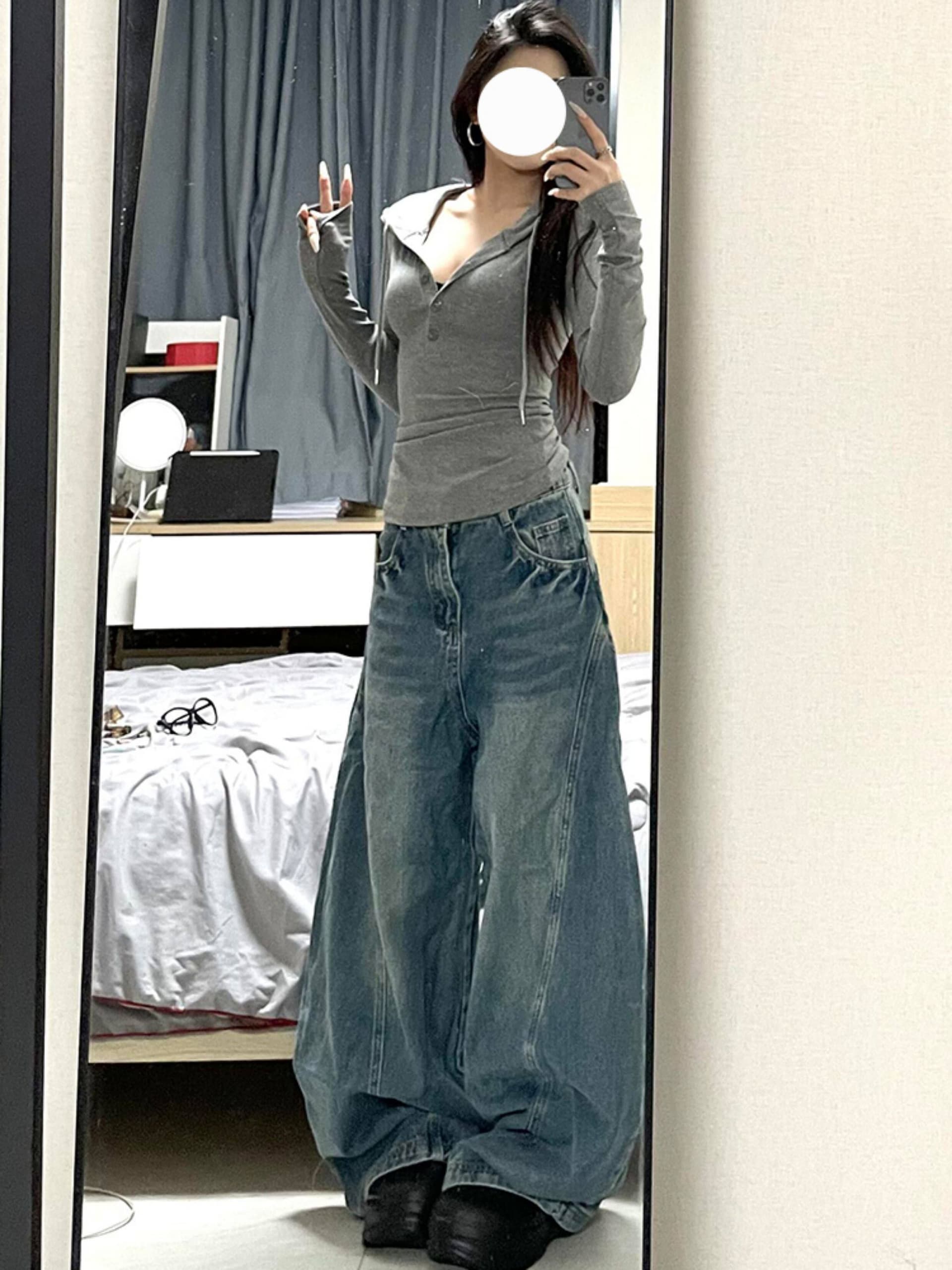 출퇴근 아메리칸 넓은 다리 청바지 여성 봄 가을 새로운 하이웨이스트 루즈핏 패션 도루 센스 바닥 청소 청바지 트렌디 상세 이미지 6