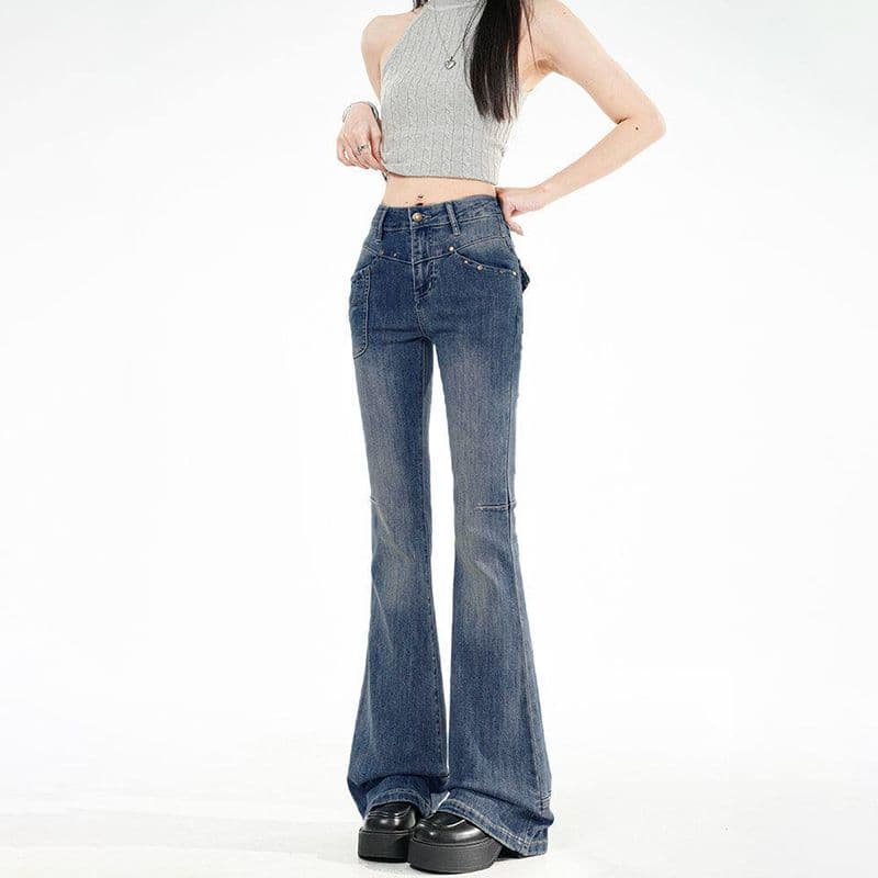 웃음 하 아메리칸 출퇴근 개성 징 마이크로 나팔 청바지 여성 봄 가을 새로운 슬림해 보이는 패션 부츠컷 청바지
