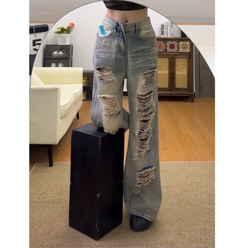 새로운 디자인 센스 캐주얼 찢어진 부분 청바지 여성 작은 대중 루즈핏 슬림해 보이는 스트레이트 넓은 다리 바닥 청소 바지 이미지 3
