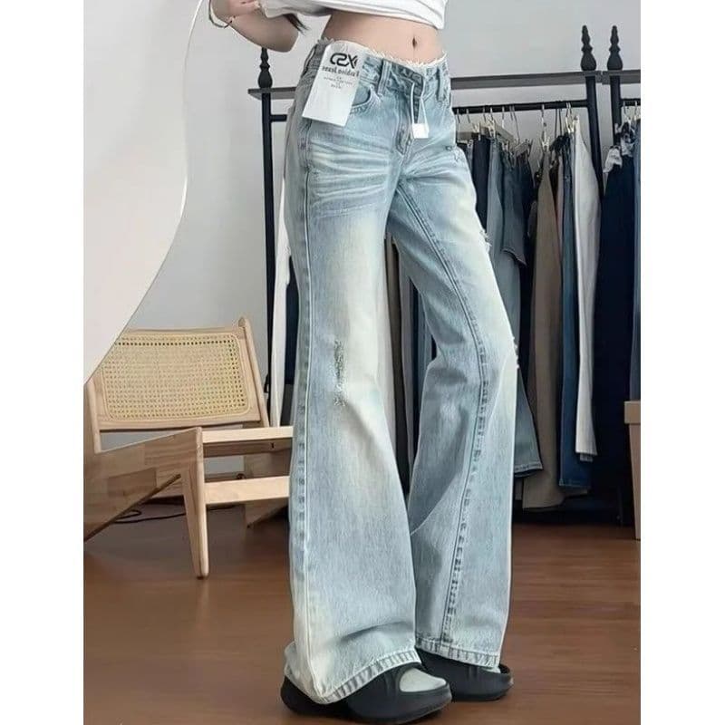 레이스 레이스 패치워크 하늘색 몸매 가꾸기 슬림해 보이는 마이크로 나팔 청바지 여성 바닥 청소 바지 아메리칸 레트로 높음 거리 이미지 2