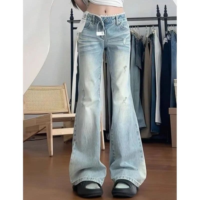 레이스 레이스 패치워크 하늘색 몸매 가꾸기 슬림해 보이는 마이크로 나팔 청바지 여성 바닥 청소 바지 아메리칸 레트로 높음 거리 상세 이미지 5