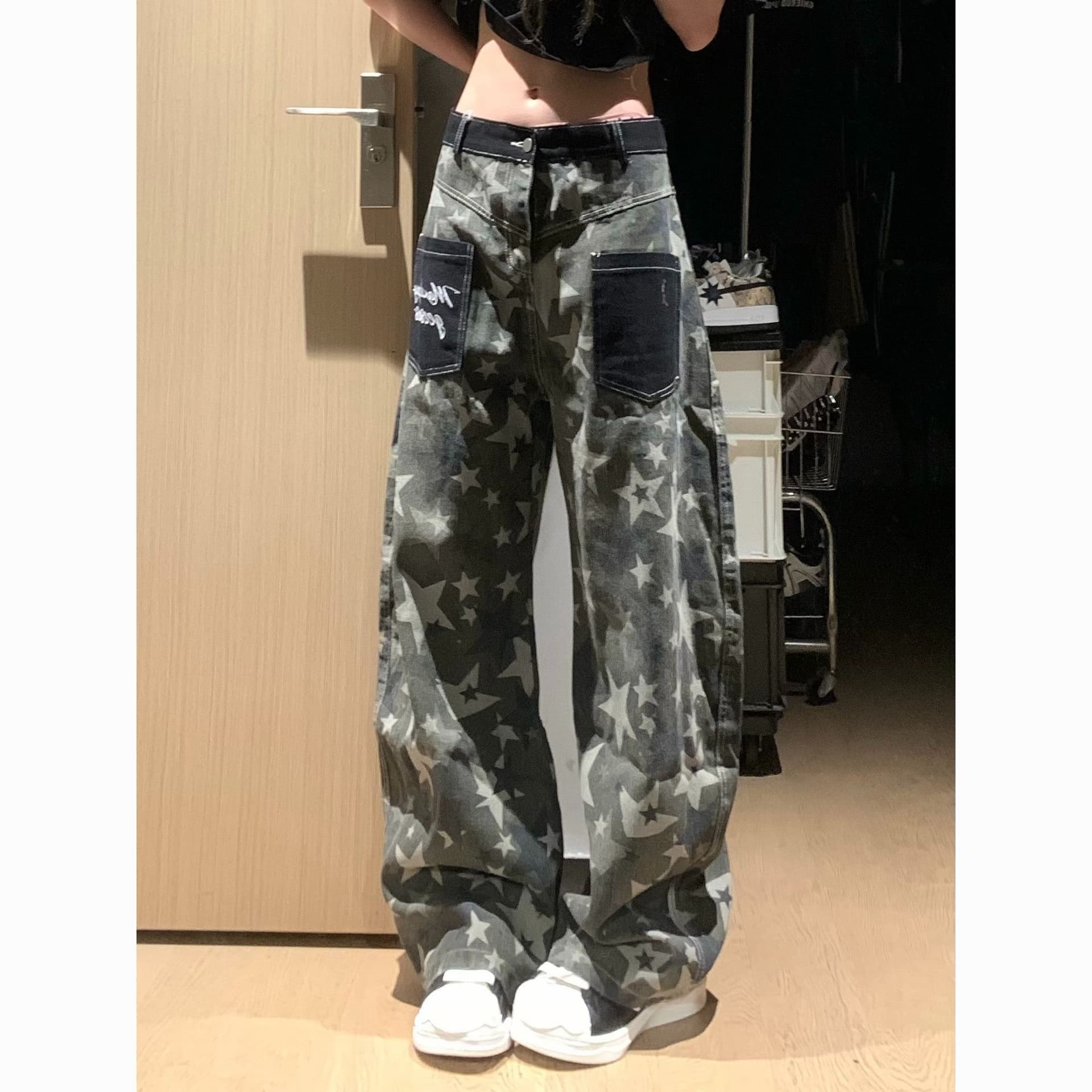 아메리칸 레트로 별 카모플라주 넓은 다리 청바지 여성 2026 여름 새로운 루즈핏 롱 바지 상세 이미지 3