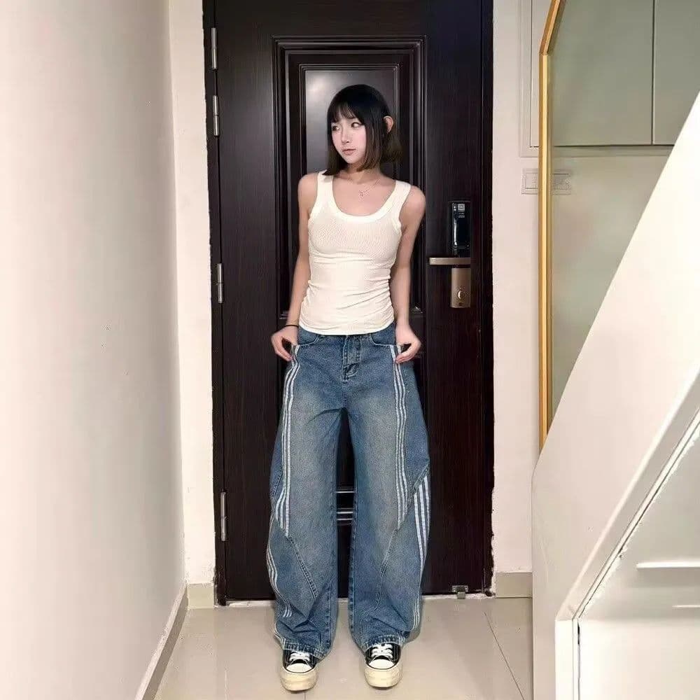 하라주쿠 스타일 품격 스트라이프 패치워크 청바지 여성 디자인 센스 3개 바 해체 모통이 칼 넓은 다리 청바지 이미지 3