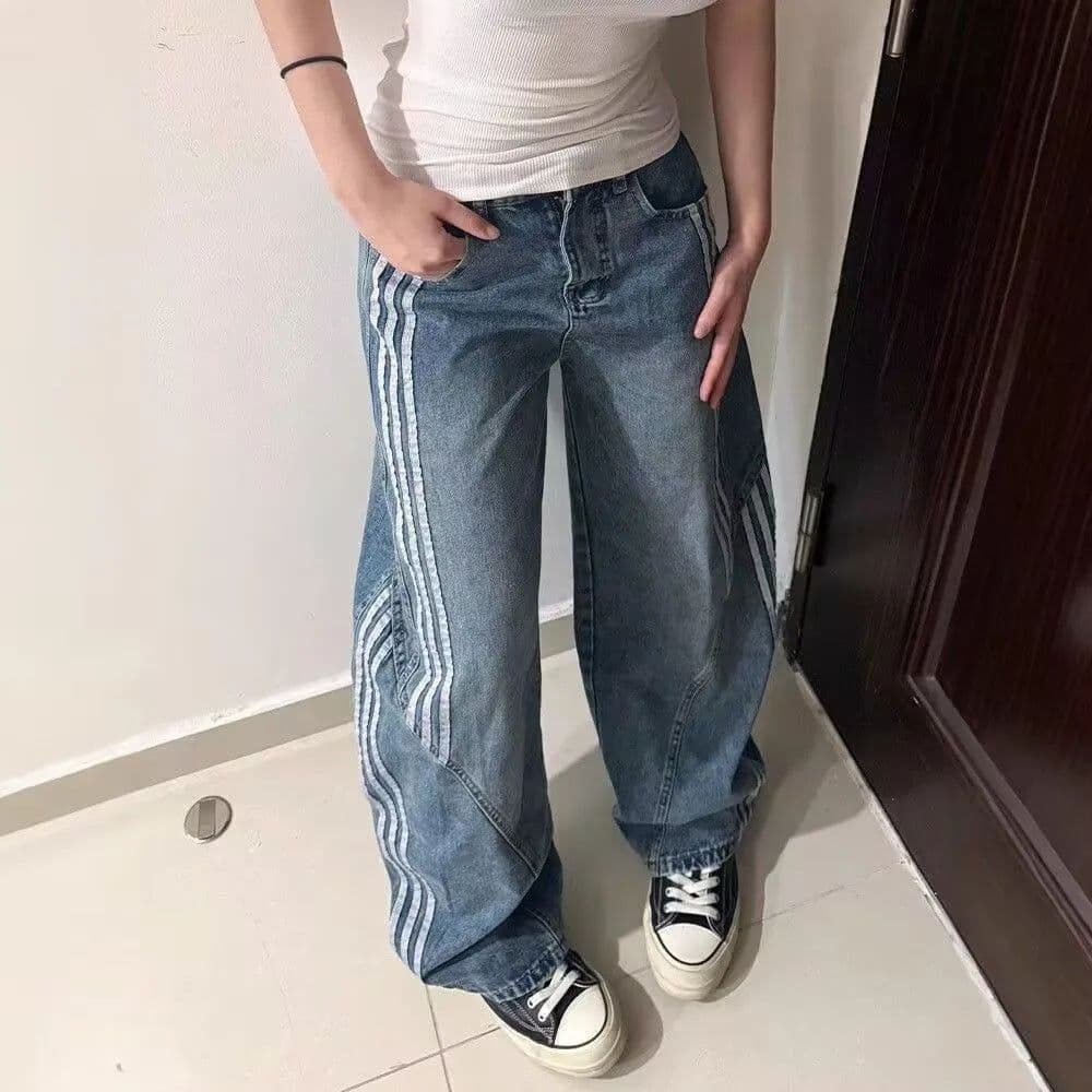하라주쿠 스타일 품격 스트라이프 패치워크 청바지 여성 디자인 센스 3개 바 해체 모통이 칼 넓은 다리 청바지 이미지 4
