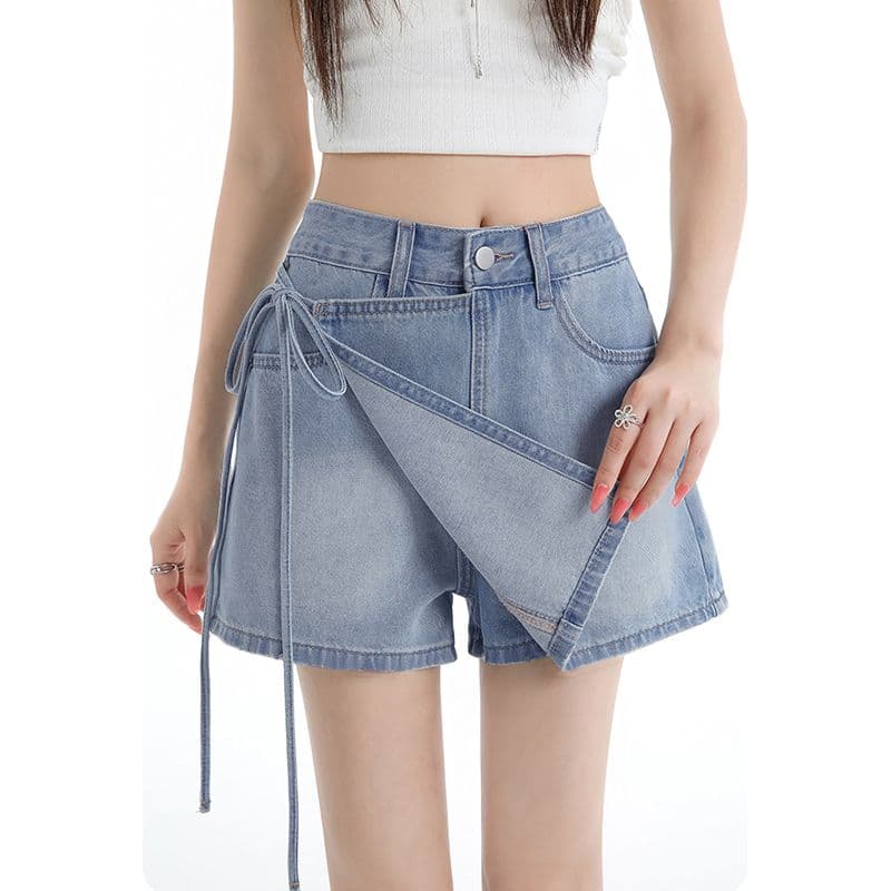 봄 여름 새로운 페이크 레이어드 한 마디 데님 짧은 치마바지 여성 작은 대중 디자인 센스 레이스업 하이웨이스트 데님 치마바지 트렌디 이미지 5