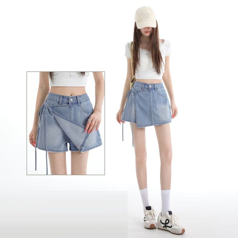 봄 여름 새로운 페이크 레이어드 한 마디 데님 짧은 치마바지 여성 작은 대중 디자인 센스 레이스업 하이웨이스트 데님 치마바지 트렌디 상세 이미지 2