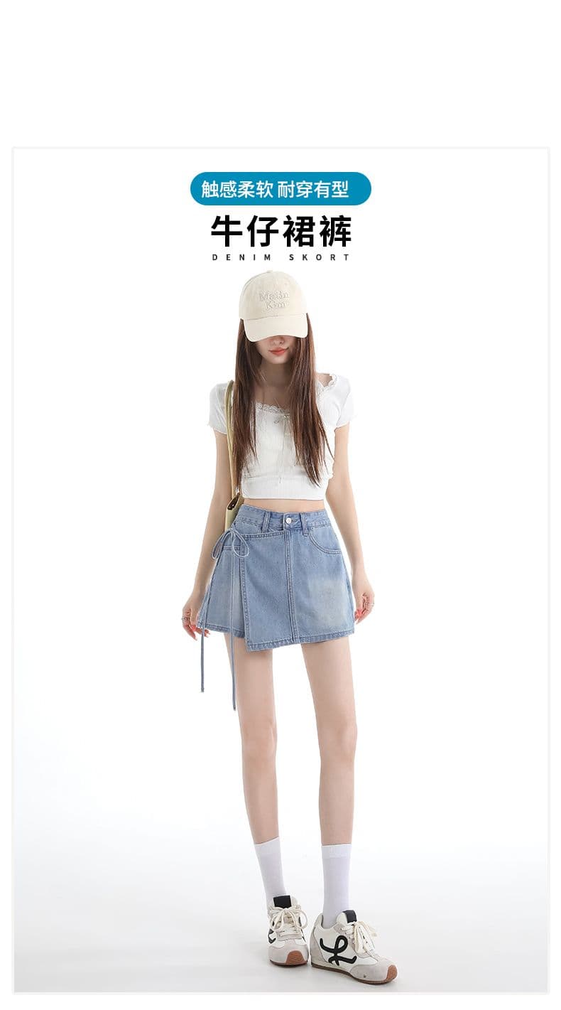 봄 여름 새로운 페이크 레이어드 한 마디 데님 짧은 치마바지 여성 작은 대중 디자인 센스 레이스업 하이웨이스트 데님 치마바지 트렌디 상세 이미지 3