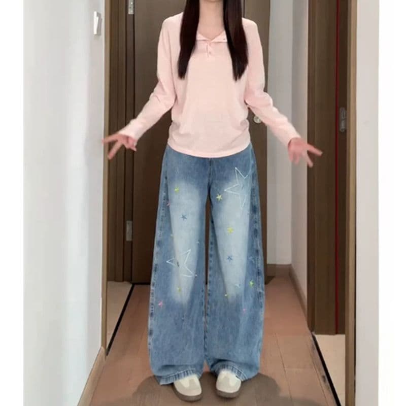 느긋한 바람 출퇴근 ins 별 자수 높음 거리 넓은 다리 청바지 여성 봄 가을 새로운 패션 바닥 청소 청바지 이미지 4