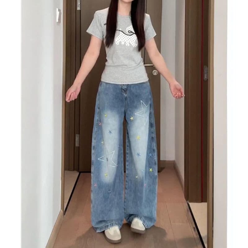 느긋한 바람 출퇴근 ins 별 자수 높음 거리 넓은 다리 청바지 여성 봄 가을 새로운 패션 바닥 청소 청바지 이미지 3