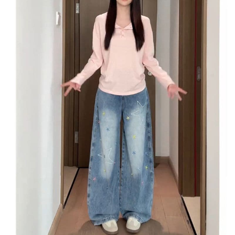 느긋한 바람 출퇴근 ins 별 자수 높음 거리 넓은 다리 청바지 여성 봄 가을 새로운 패션 바닥 청소 청바지 이미지 5