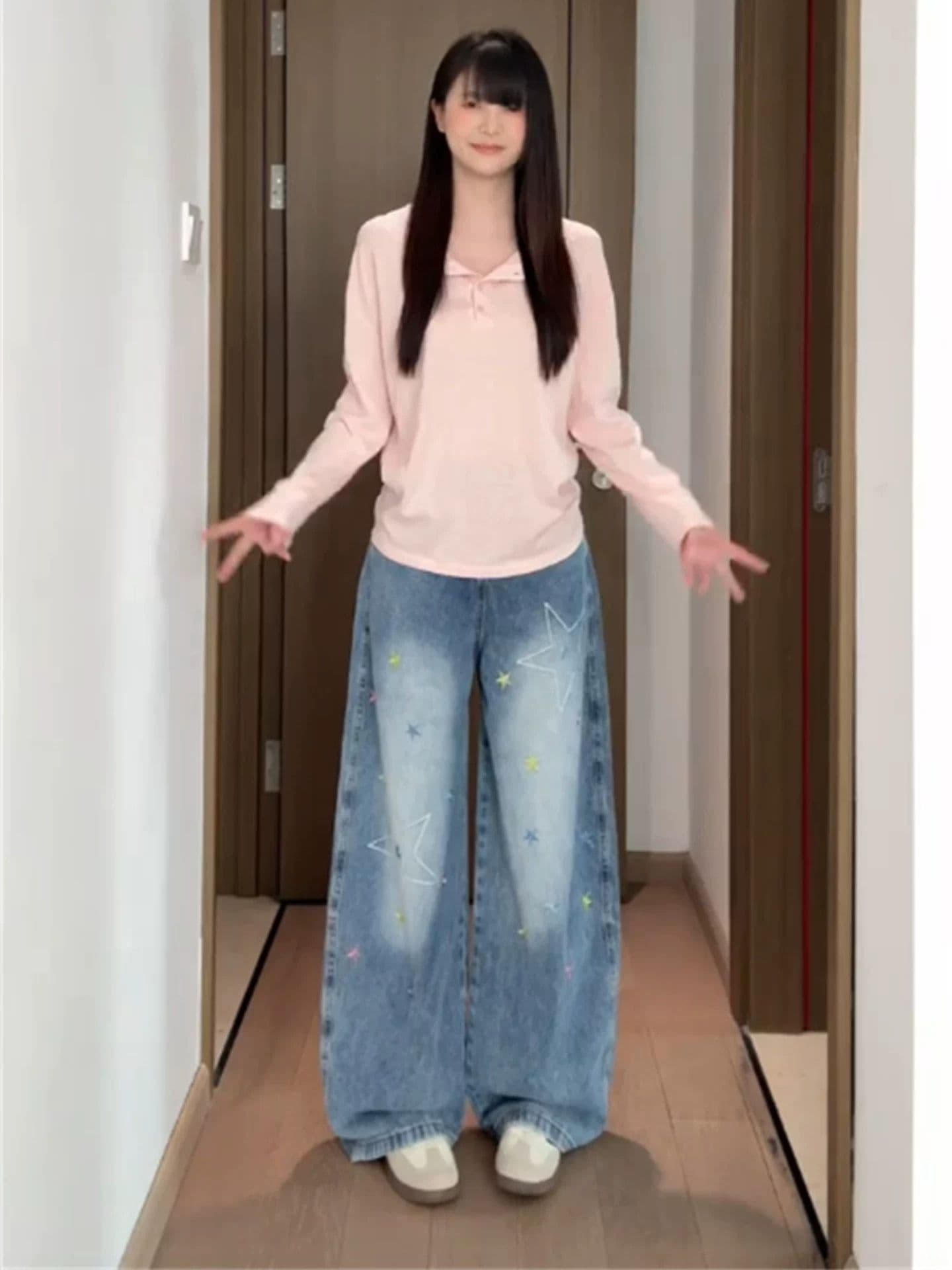 느긋한 바람 출퇴근 ins 별 자수 높음 거리 넓은 다리 청바지 여성 봄 가을 새로운 패션 바닥 청소 청바지 상세 이미지 2
