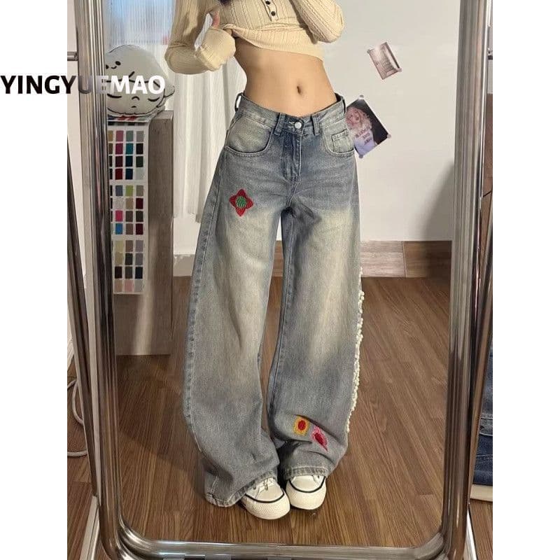 2026 봄 여름 새로운 파란색 넓은 다리 청바지 여성 루즈핏 슬림해 보이는 패턴 자수 비즈 박기 높음 거리 바람 바닥 청소 바지