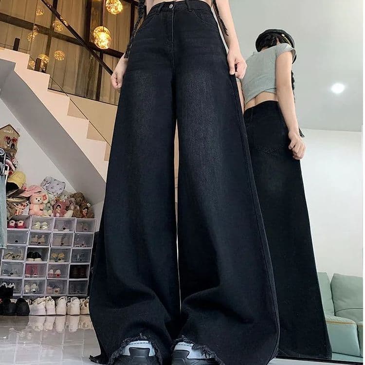 아메리칸 레트로 거친 가장자리 넓은 다리 청바지 여성 봄 여름 새로운 하이웨이스트 슬림해 보이는 바닥 청소 바지 ins 이미지 2