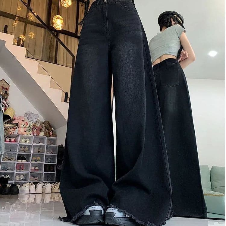 아메리칸 레트로 거친 가장자리 넓은 다리 청바지 여성 봄 여름 새로운 하이웨이스트 슬림해 보이는 바닥 청소 바지 ins