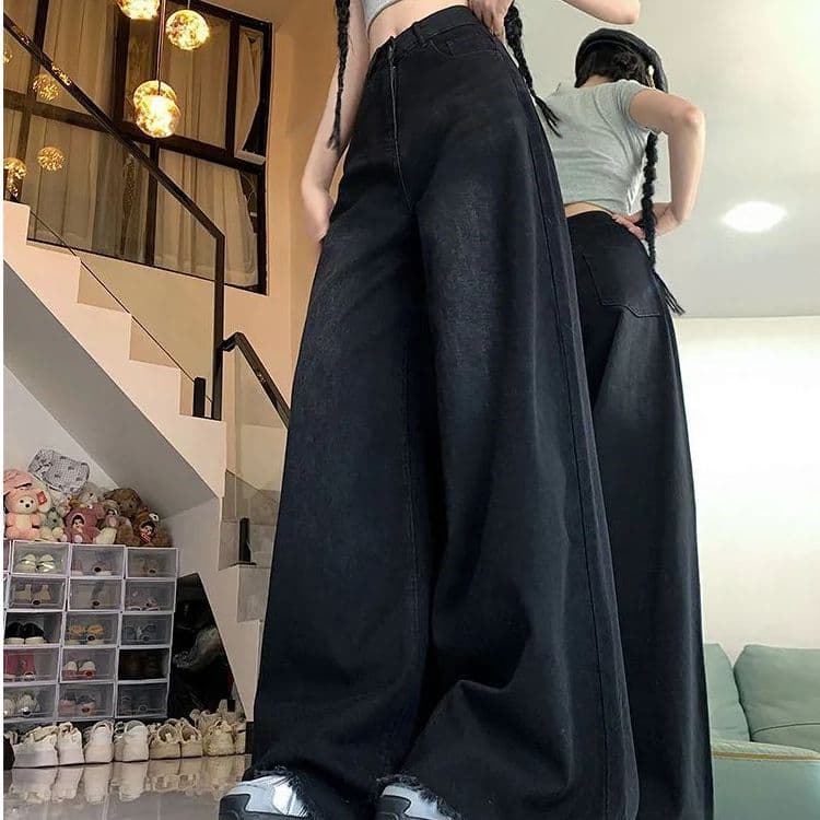 아메리칸 레트로 거친 가장자리 넓은 다리 청바지 여성 봄 여름 새로운 하이웨이스트 슬림해 보이는 바닥 청소 바지 ins 상세 이미지 4