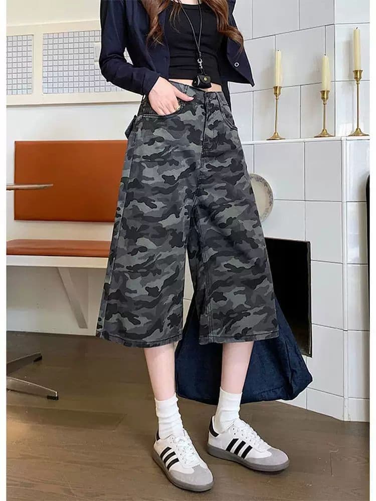 카모플라주 데님 7부 바지 봄 여름 새로운 출퇴근 개성 트렌드 다용도 루즈핏 워크웨어 데님 7부 바지 상세 이미지 2
