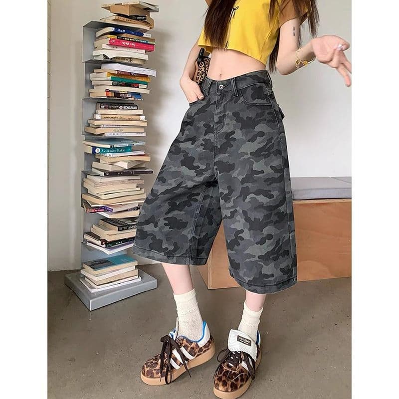 패션 카모플라주 데님 7부 바지 봄 여름 새로운 출퇴근 개성 다용도 루즈핏 워크웨어 데님 7부 바지 이미지 3