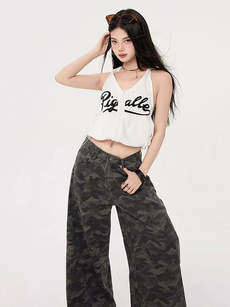 높음 거리 하라주쿠 스타일 카모플라주 워크웨어 넓은 다리 청바지 여성 봄 가을 새로운 도루 센스 스트리트 댄스 바지 바닥 청소 청바지 상세 이미지 2