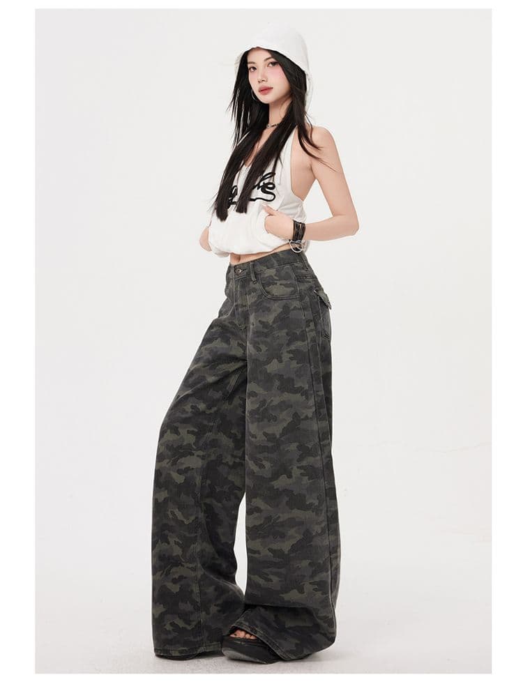 높음 거리 하라주쿠 스타일 카모플라주 워크웨어 넓은 다리 청바지 여성 봄 가을 새로운 도루 센스 스트리트 댄스 바지 바닥 청소 청바지 상세 이미지 9