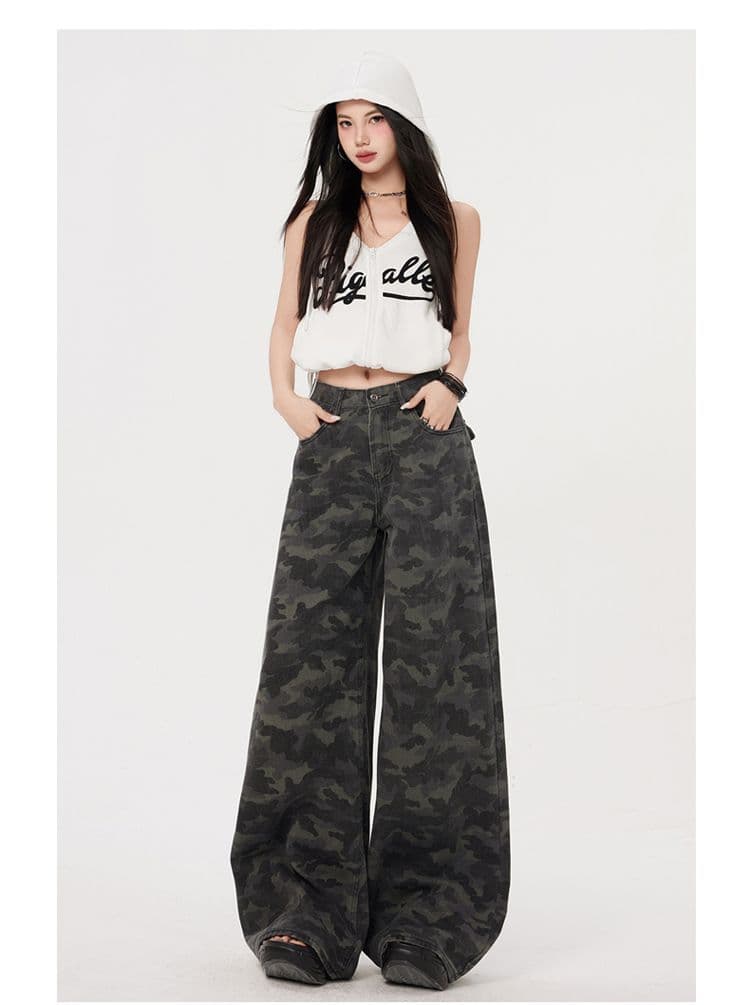 높음 거리 하라주쿠 스타일 카모플라주 워크웨어 넓은 다리 청바지 여성 봄 가을 새로운 도루 센스 스트리트 댄스 바지 바닥 청소 청바지 상세 이미지 11