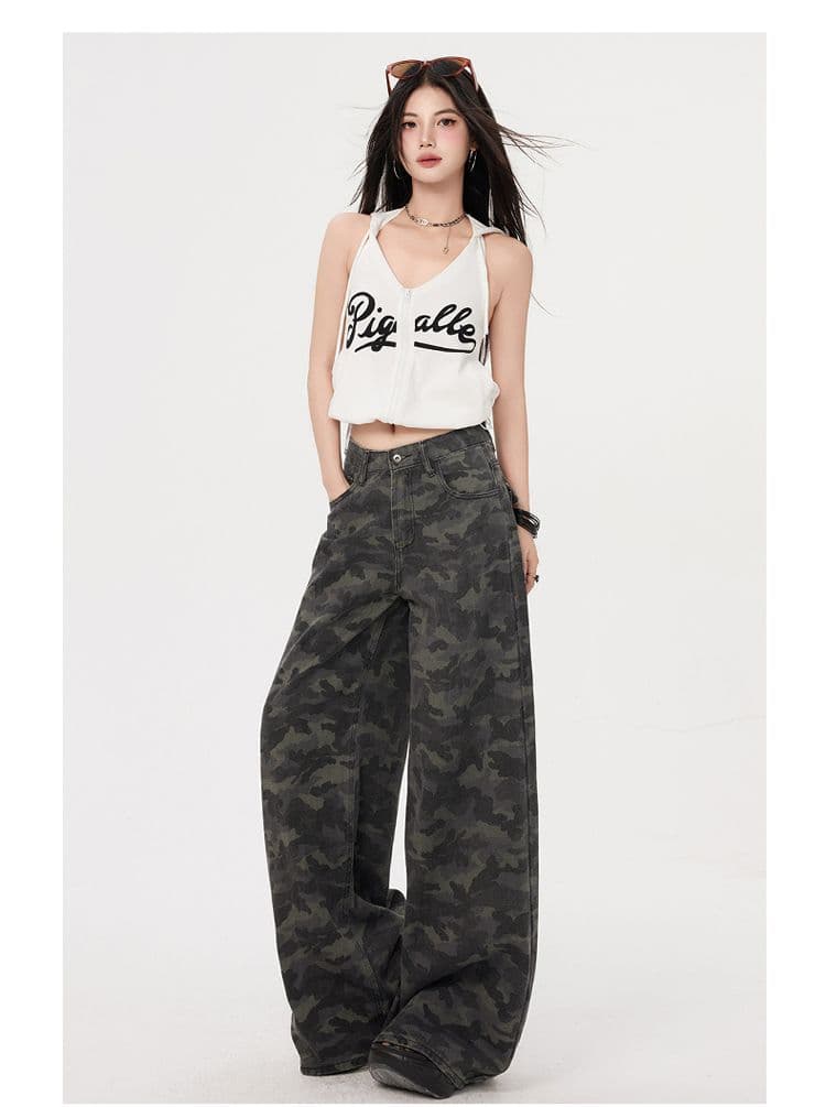 높음 거리 하라주쿠 스타일 카모플라주 워크웨어 넓은 다리 청바지 여성 봄 가을 새로운 도루 센스 스트리트 댄스 바지 바닥 청소 청바지 상세 이미지 15