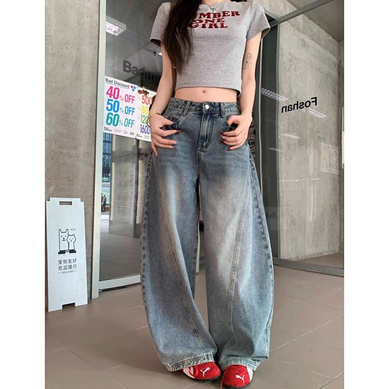 트렌드 하라주쿠 스타일 넓은 다리 청바지 여성 봄 가을 새로운 하이웨이스트 루즈핏 도루 센스 패션 바닥 청소 청바지 트렌디 이미지 2