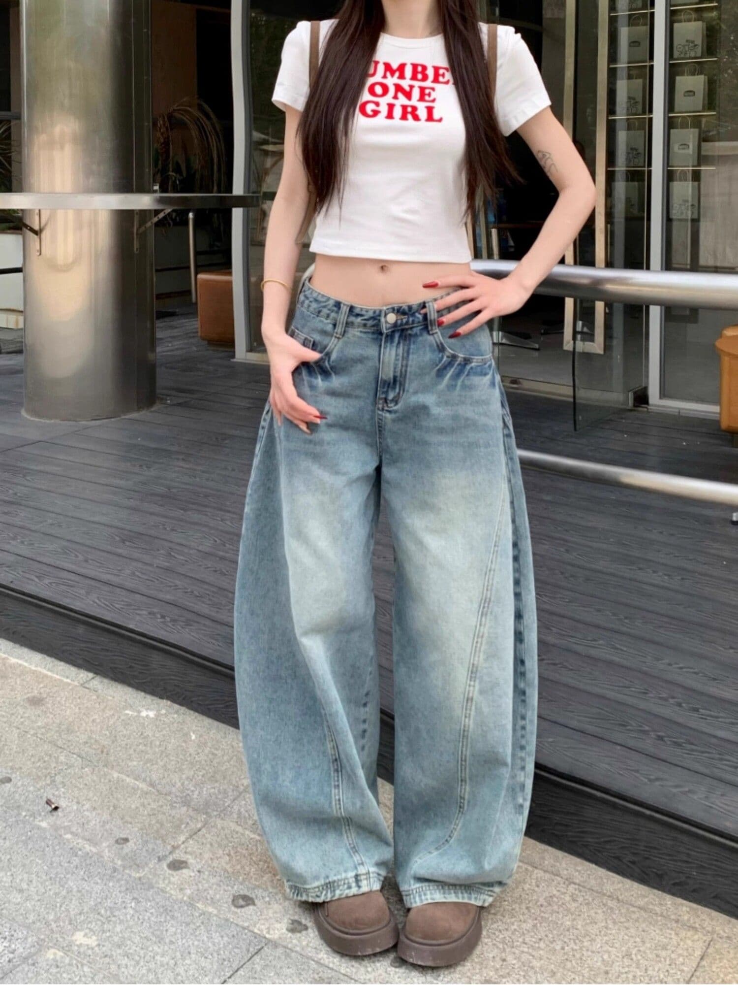 트렌드 하라주쿠 스타일 넓은 다리 청바지 여성 봄 가을 새로운 하이웨이스트 루즈핏 도루 센스 패션 바닥 청소 청바지 트렌디 상세 이미지 7