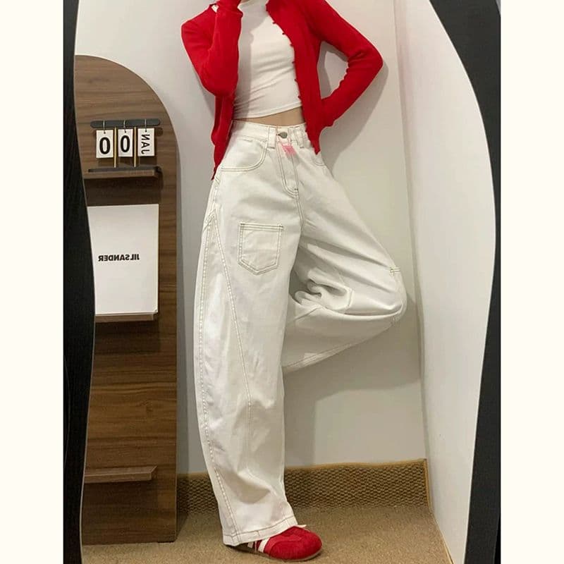 ins 트렌디 트렌드 품격 하이웨이스트 루즈핏 넓은 다리 청바지 여성 봄 가을 새로운 아메리칸 개성 넓은 다리 청바지 이미지 4
