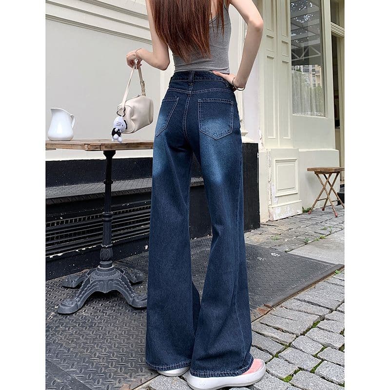 느긋한 바람 넓은 다리 청바지 여성 봄 가을 새로운 디자인 센스 루즈핏 슬림해 보이는 워싱 개성 스트레이트 청바지 이미지 5