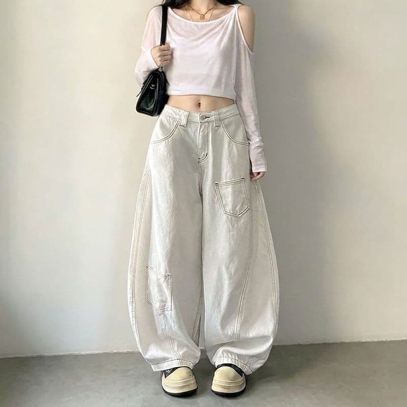 느긋한 바람 웃음 하 하이웨이스트 루즈핏 넓은 다리 청바지 여성 봄과 가을 아메리칸 개성 디자인 센스 넓은 다리 청바지 이미지 3