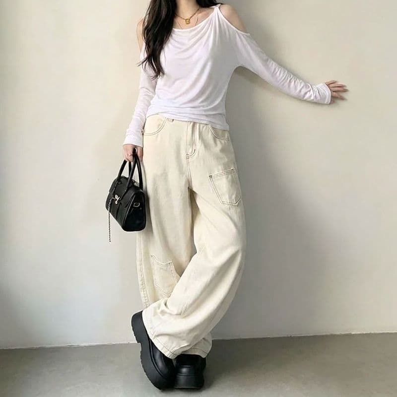 느긋한 바람 웃음 하 하이웨이스트 루즈핏 넓은 다리 청바지 여성 봄과 가을 아메리칸 개성 디자인 센스 넓은 다리 청바지 이미지 4