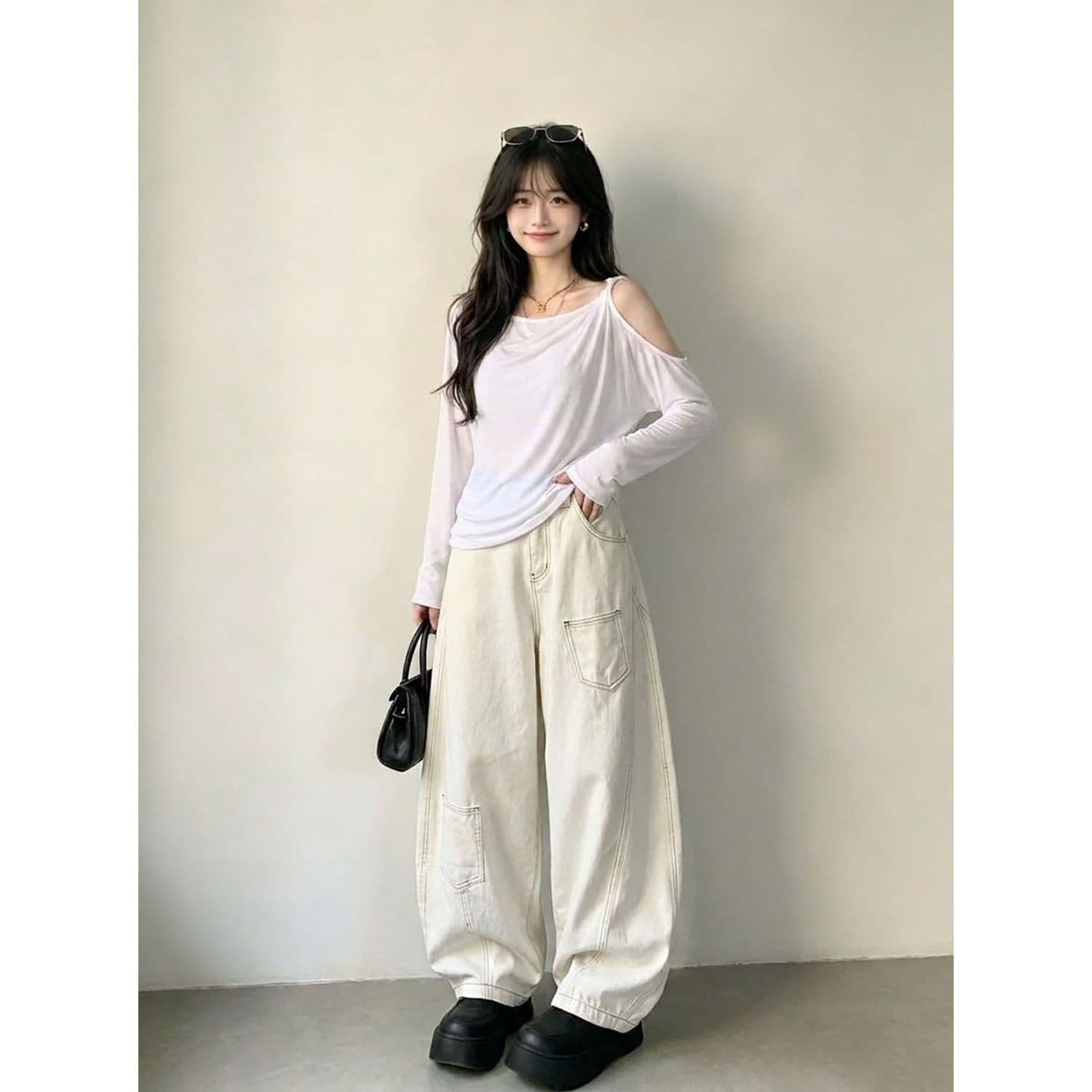 느긋한 바람 웃음 하 하이웨이스트 루즈핏 넓은 다리 청바지 여성 봄과 가을 아메리칸 개성 디자인 센스 넓은 다리 청바지 상세 이미지 4