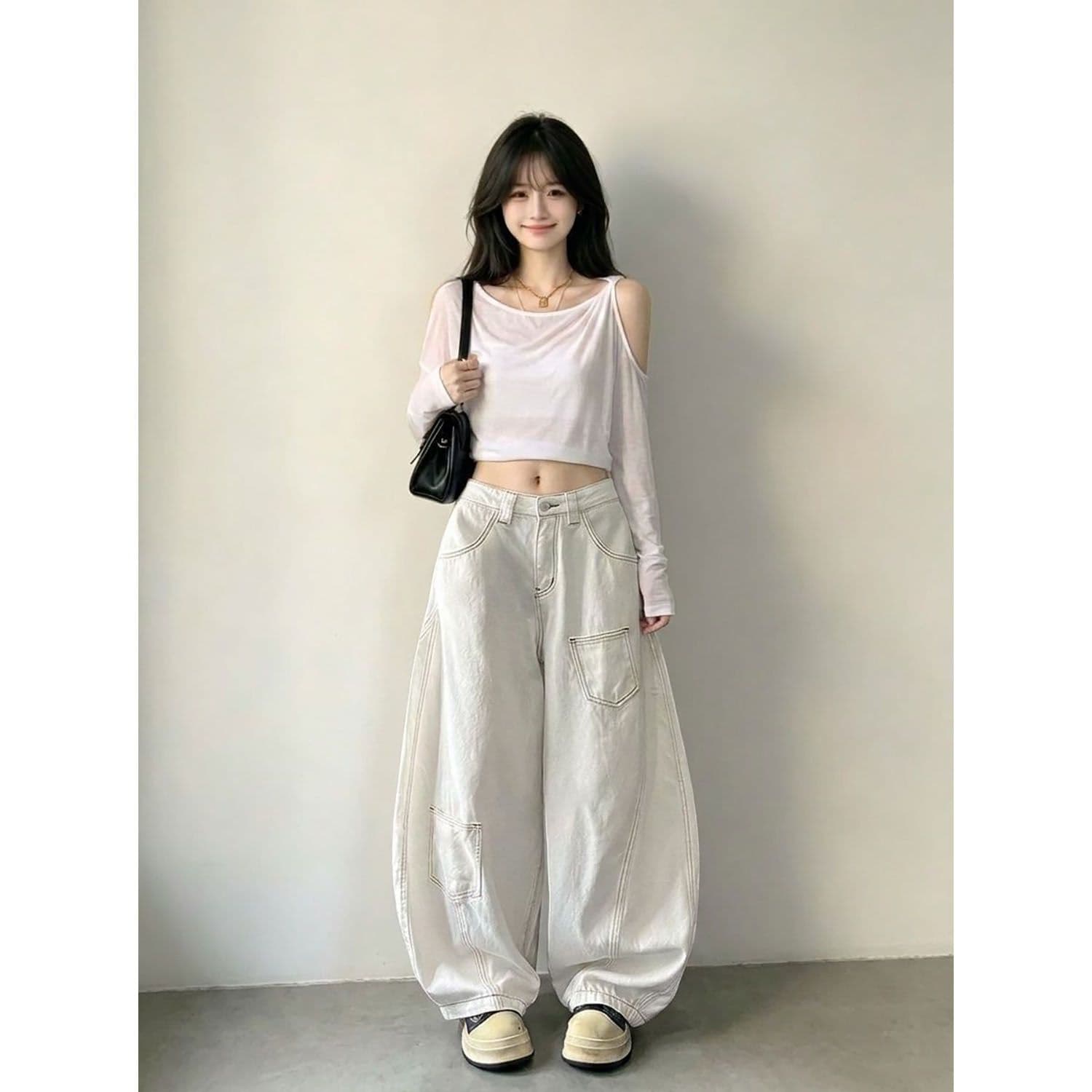 느긋한 바람 웃음 하 하이웨이스트 루즈핏 넓은 다리 청바지 여성 봄과 가을 아메리칸 개성 디자인 센스 넓은 다리 청바지 상세 이미지 5
