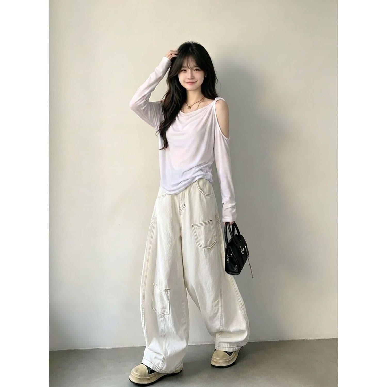 느긋한 바람 웃음 하 하이웨이스트 루즈핏 넓은 다리 청바지 여성 봄과 가을 아메리칸 개성 디자인 센스 넓은 다리 청바지 상세 이미지 6