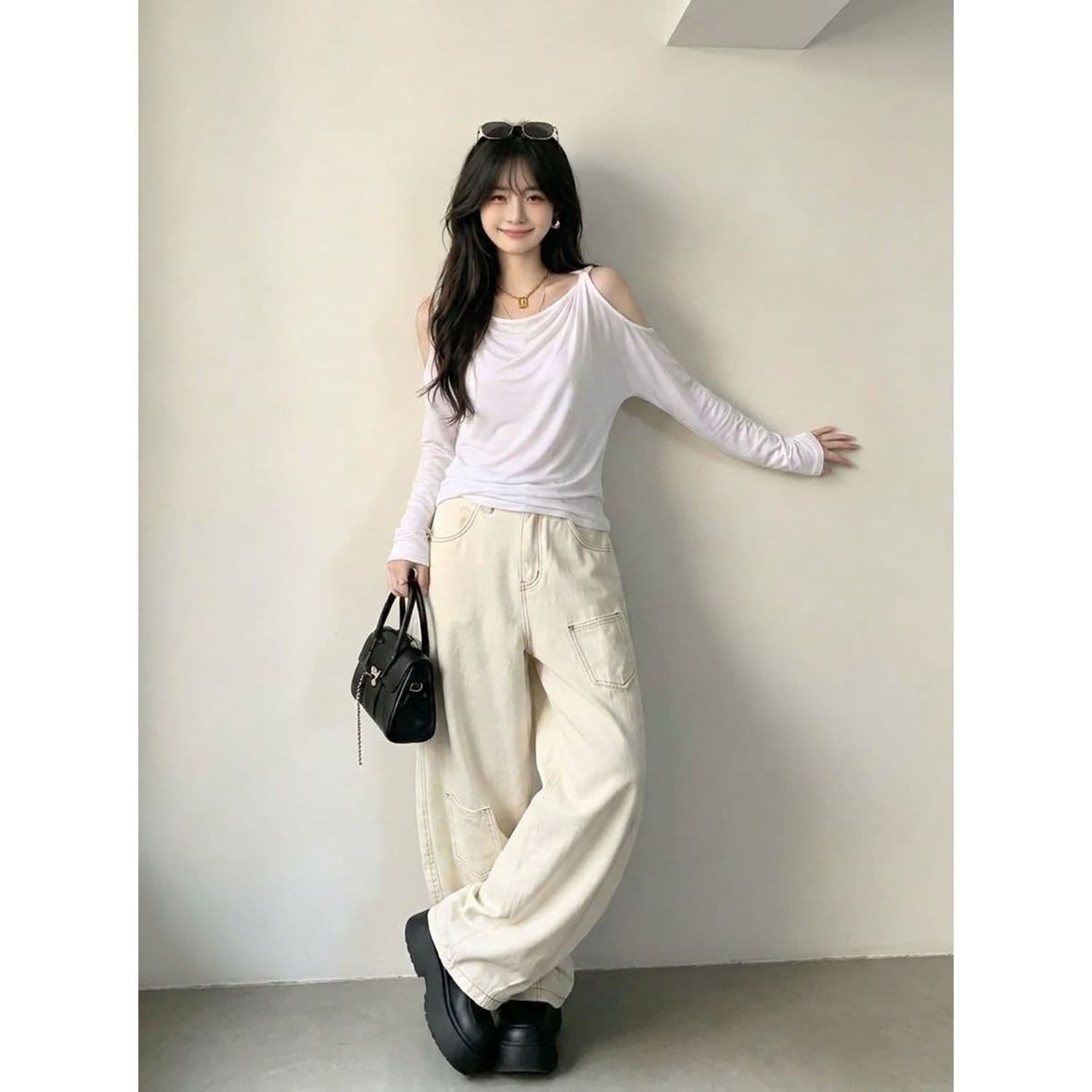 느긋한 바람 웃음 하 하이웨이스트 루즈핏 넓은 다리 청바지 여성 봄과 가을 아메리칸 개성 디자인 센스 넓은 다리 청바지 상세 이미지 7