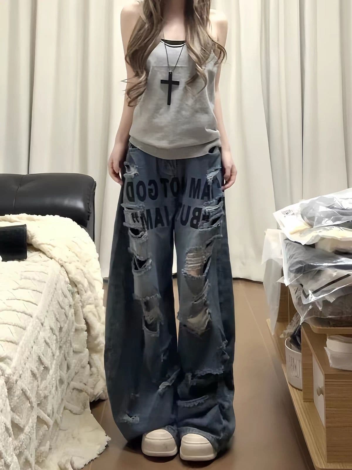 아메리칸 거리 핫걸 개성 디자인 센스 알파벳 청바지 아이들 여름 레트로 찢어진 부분 넓은 다리 바닥 청소 긴 바지 이미지 3