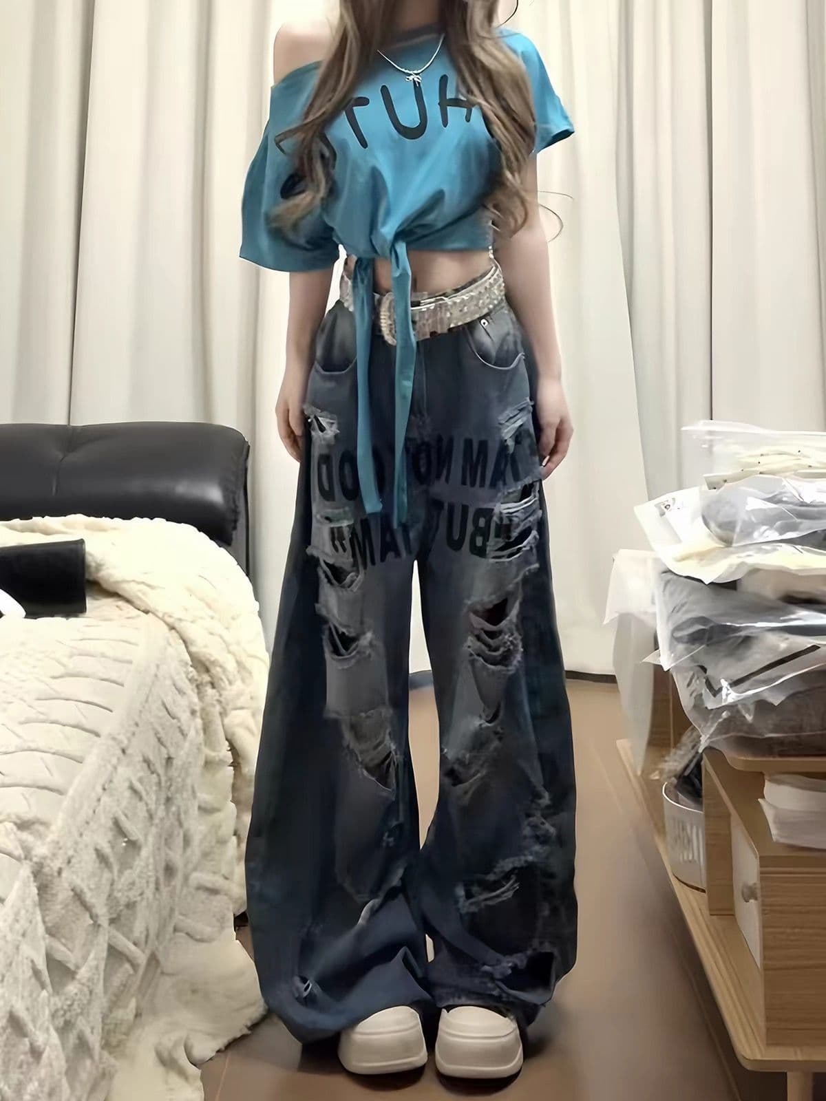 아메리칸 거리 핫걸 개성 디자인 센스 알파벳 청바지 아이들 여름 레트로 찢어진 부분 넓은 다리 바닥 청소 긴 바지 상세 이미지 1
