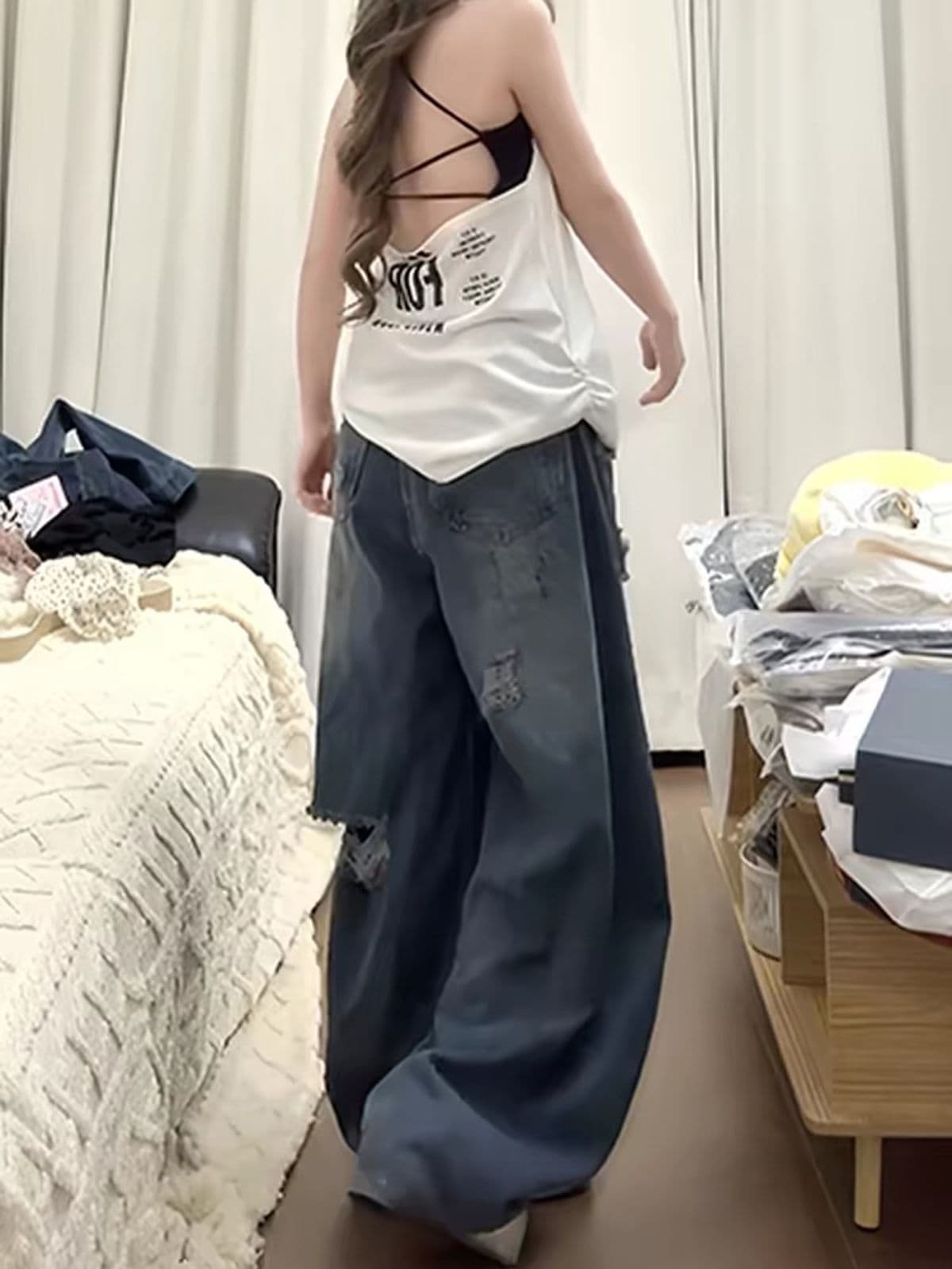 아메리칸 거리 핫걸 개성 디자인 센스 알파벳 청바지 아이들 여름 레트로 찢어진 부분 넓은 다리 바닥 청소 긴 바지 상세 이미지 4