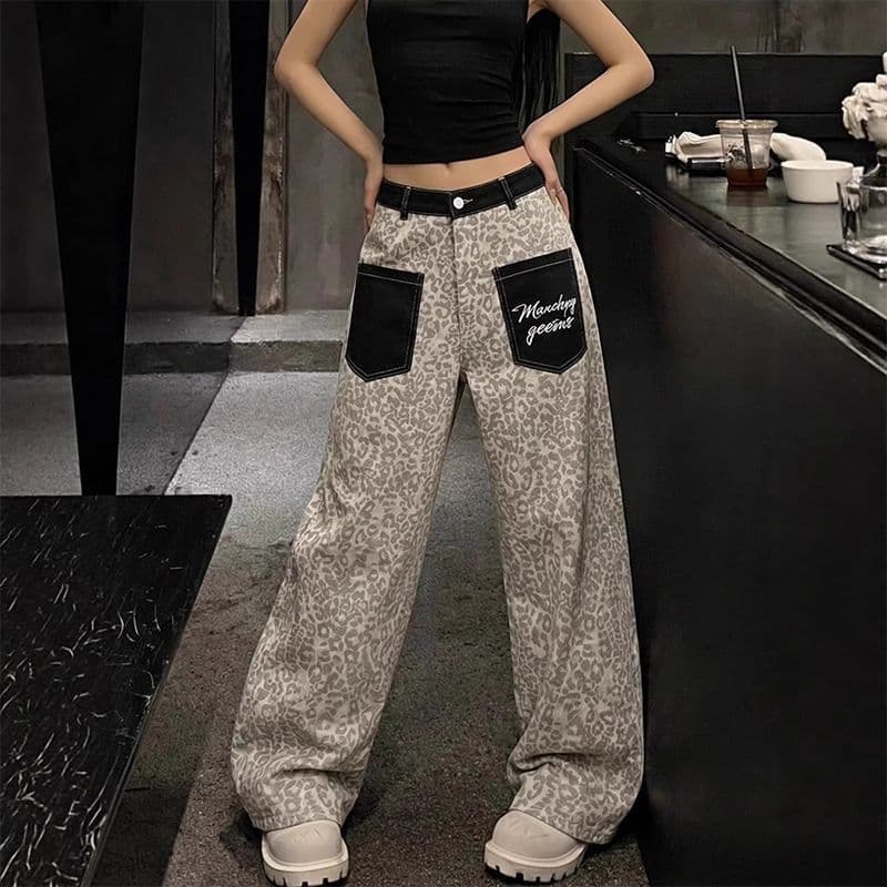 아메리칸 레트로 패치워크 레오파드 무늬 모통이 칼 청바지 여성 봄과 가을 높음 거리 디자인 센스 루즈핏 슬림해 보이는 와이드 레그 팬츠 어린이 이미지 3
