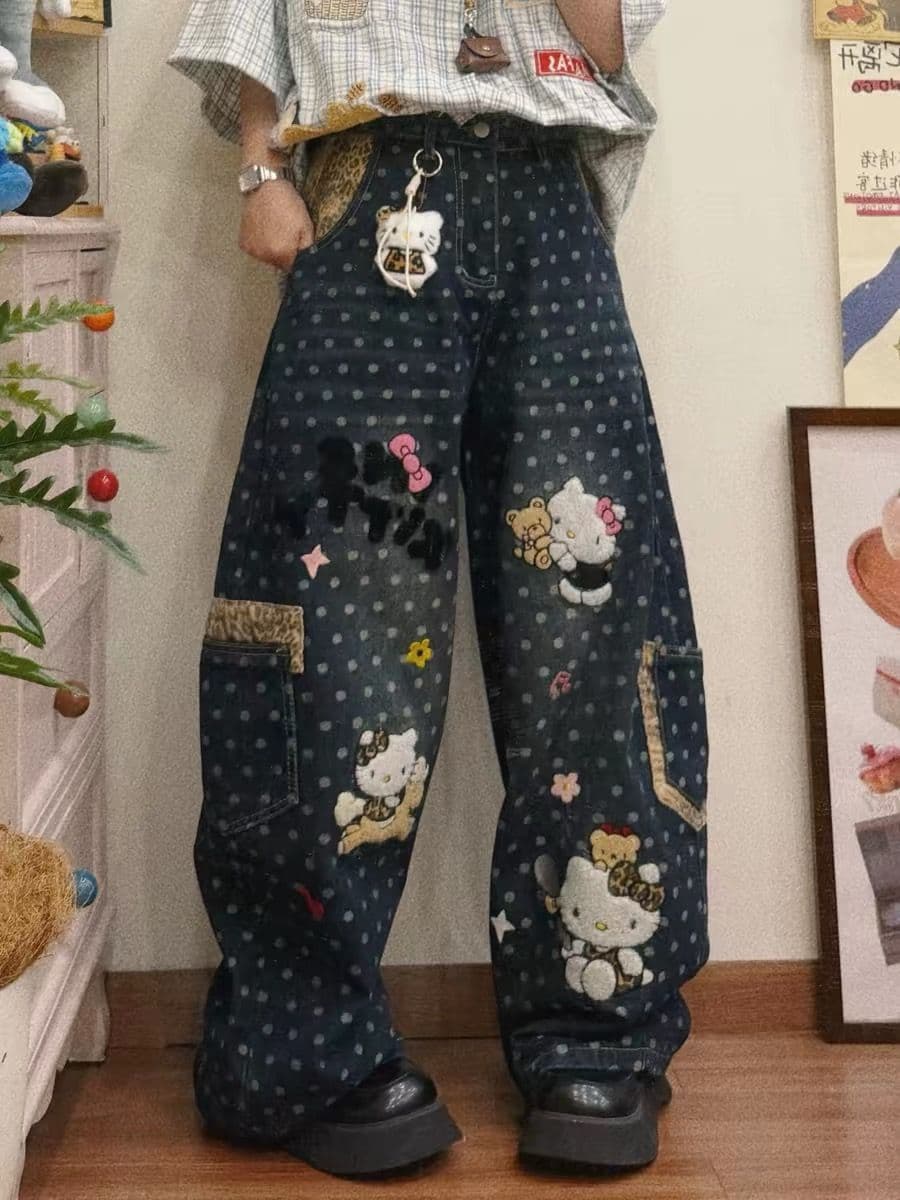 아메리칸 레트로 마 오래된 자수 레오파드 무늬 패치워크 도트 무늬 전체 인쇄 청바지 여성 여름 루즈핏 슬림해 보이는 넓은 다리 길이 바지 이미지 2