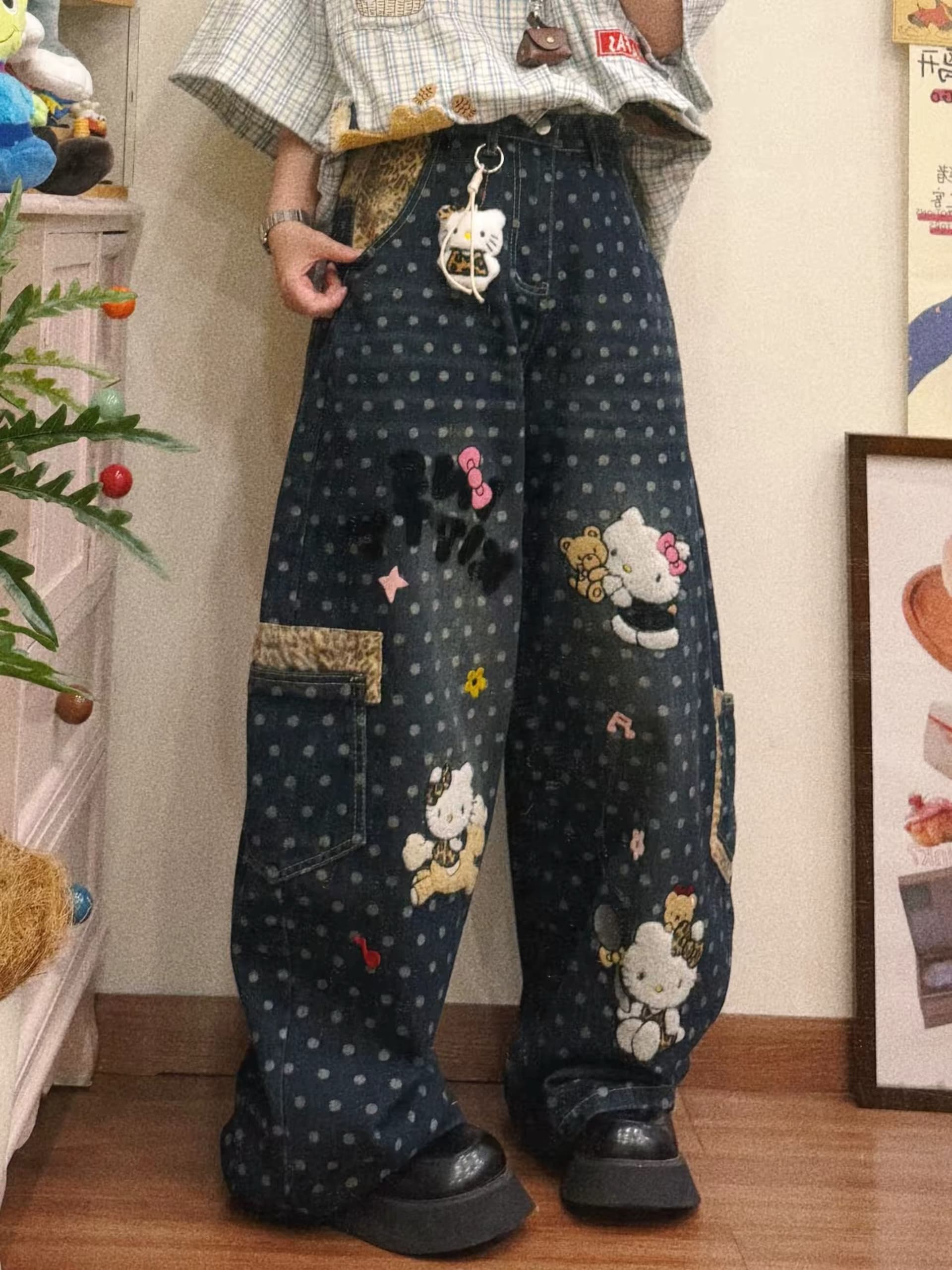 아메리칸 레트로 마 오래된 자수 레오파드 무늬 패치워크 도트 무늬 전체 인쇄 청바지 여성 여름 루즈핏 슬림해 보이는 넓은 다리 길이 바지 상세 이미지 1