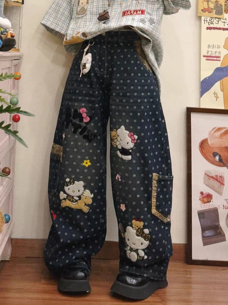 아메리칸 레트로 마 오래된 자수 레오파드 무늬 패치워크 도트 무늬 전체 인쇄 청바지 여성 여름 루즈핏 슬림해 보이는 넓은 다리 길이 바지 상세 이미지 2