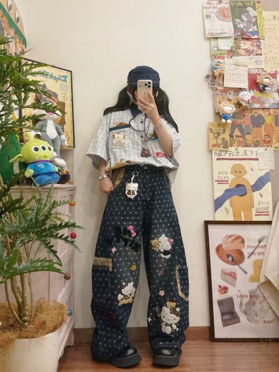 아메리칸 레트로 마 오래된 자수 레오파드 무늬 패치워크 도트 무늬 전체 인쇄 청바지 여성 여름 루즈핏 슬림해 보이는 넓은 다리 길이 바지 상세 이미지 5