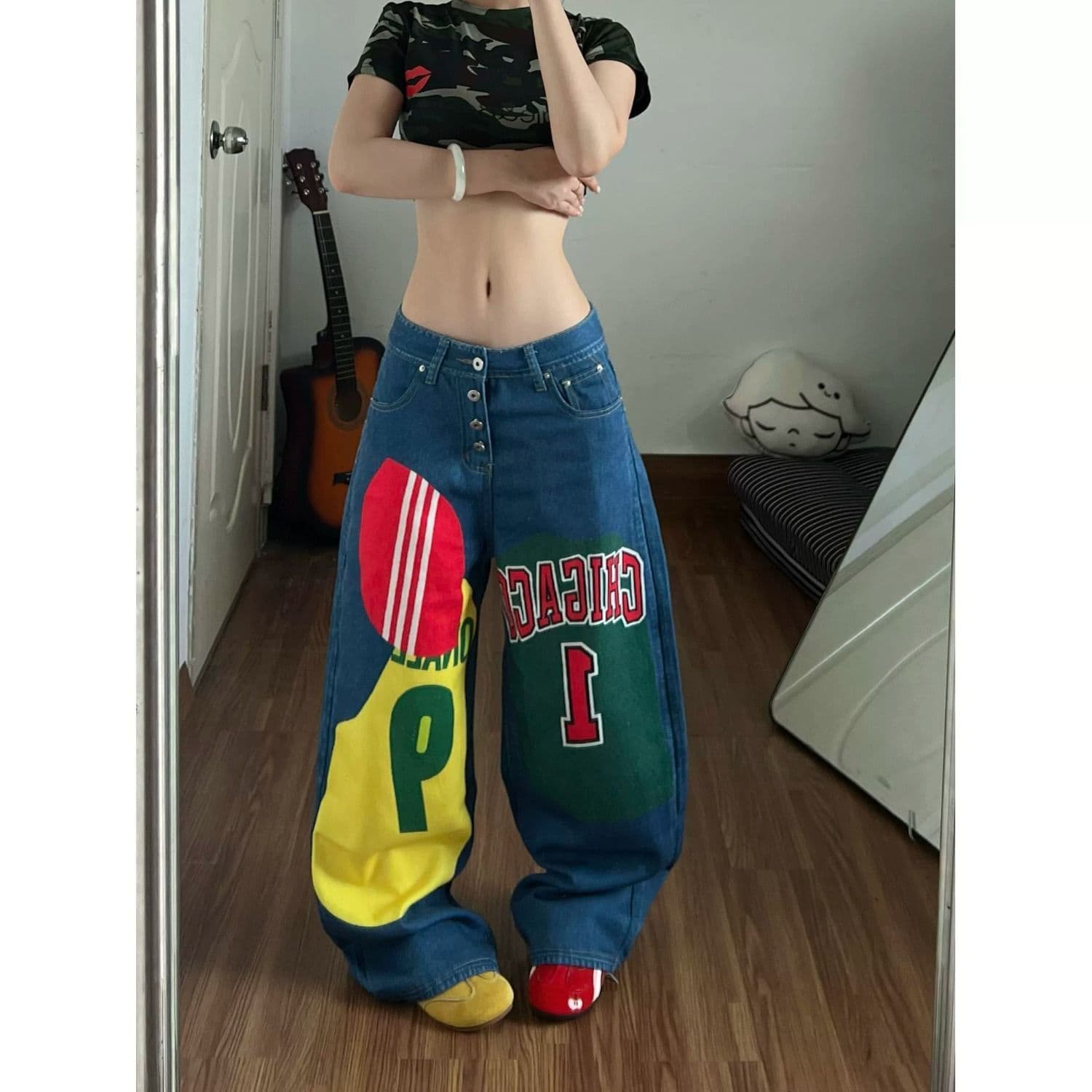 아메리칸 레트로 거리 웃음 하 패치워크 청바지 남녀 조수 브랜드 루즈핏 슬림해 보이는 도루 센스 넓은 다리 바닥 청소 바지